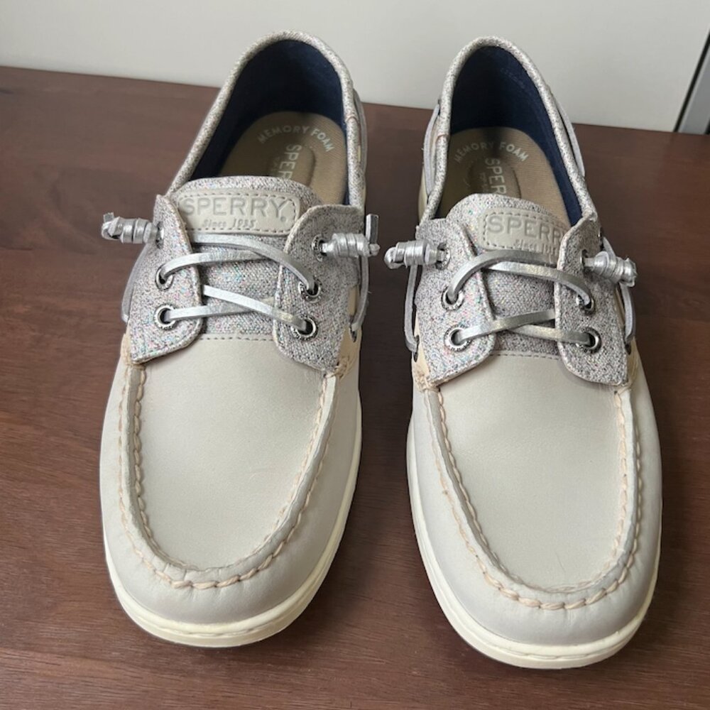 Sperry Top Sider Boat Shoes - Silver and Beige Sparkle Suede